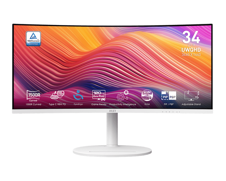 MSI Modern MD342CQPW 34" 21:9 UWQHD(3440x1440) VA Curve 1500R,1ms(MPRT),3000:1,100M:1,300nit,2*HDMI,1*DP,2xUSB Type-A,USB Type-B,USB Type-C,Speaker,Tilt,Swivel,Height,120Hz,White(white cable),1y w-ty