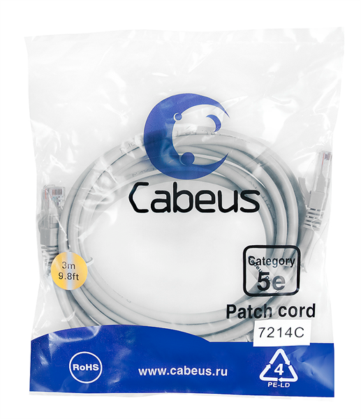 Cabeus PC-UTP-RJ45-Cat.5e-3m Патч-корд U/UTP, категория 5е, 2xRJ45/8p8c, неэкранированный, серый, PVC, 3м