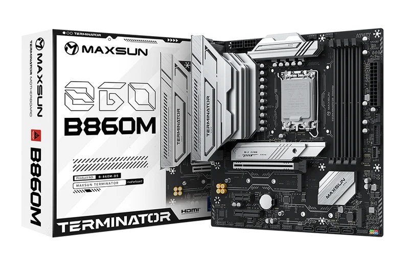 MAXSUN MS-Terminator B860M, LGA1851, B860, 4*DDR5, 4*SATA3, 3*M.2, USB 3.2, USB 2.0, Type-C, 1*PCIEx16, 1*PCIex4, 1*PCIex1, HDMI+DP, mATX