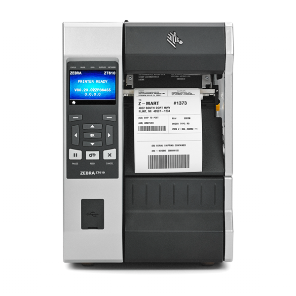 Zebra ZT610, 4", 203 dpi, Euro and UK cord, Serial, USB, Gigabit Ethernet, Bluetooth 4.0, USB Host, Rewind, Color Touch, ZPL