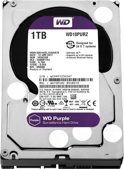 Western Digital HDD SATA-III  1000Gb Purple WD10PURZ, IntelliPower, 64MB buffer (DV&NVR), 1 year