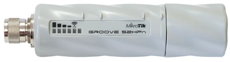 MikroTik Groove 52 with N-male connector, High Gain Single Chain 2.4GHz / 5GHz 802.11abgn wireless, 600MHz CPU, 64MB RAM, 1x LAN, mounting loops, POE, PSU, plastic case, RouterOS L3