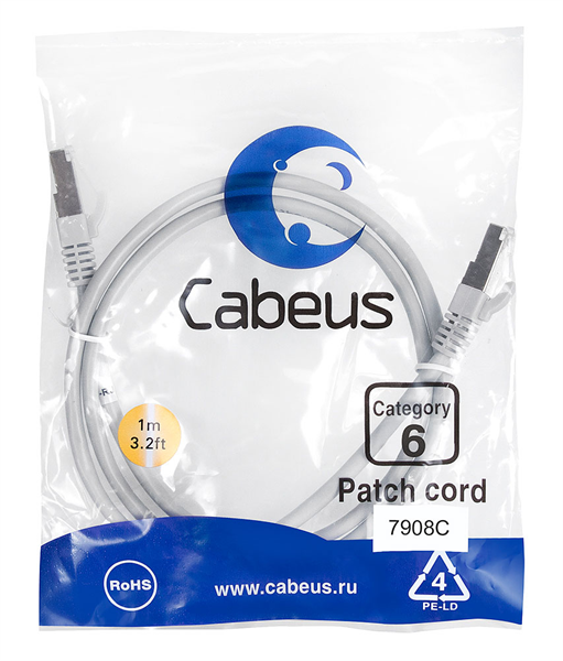 Cabeus PC-FTP-RJ45-Cat.6-1m-LSZH Патч-корд F/UTP, категория 6, 2xRJ45/8p8c, экранированный, серый, LSZH, 1м