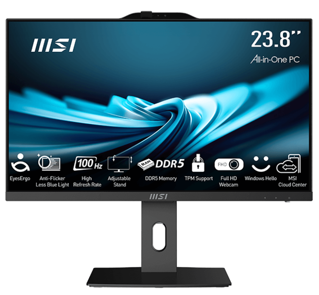 MSI Pro AP242P 14M AiO 23,8" FHD(1920x1080)IPS AG Non-touch, Core i3-14100 (3.5GHz), 8Gb DDR5 (1x8Gb),256GB SSD, Intel UHD,WiFi,BT,camera,WirelessKB&mouse Eng/Rus,noOS,1y w-ty,Black