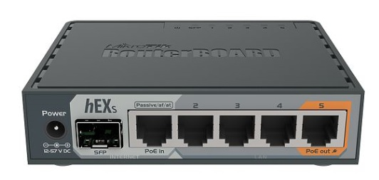 MikroTik hEX S with Dual Core 880MHz MHz CPU, 256MB RAM, 5 Gigabit LAN ports, SFP, USB, PoE-out on port #5, RouterOS L4, plastic case, PSU