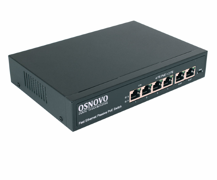 OSNOVO SW-20600/A(80W) Passive PoE коммутатор Fast Ethernet на 6 портов. Порты: 4 х FE (10/100 Base-T, 52V 4,5(+) 7,8(–)) совместимы с PoE (IEEE 802.3af/at), 2 x FE (10/100 Base-T) Uplink. Совместим с