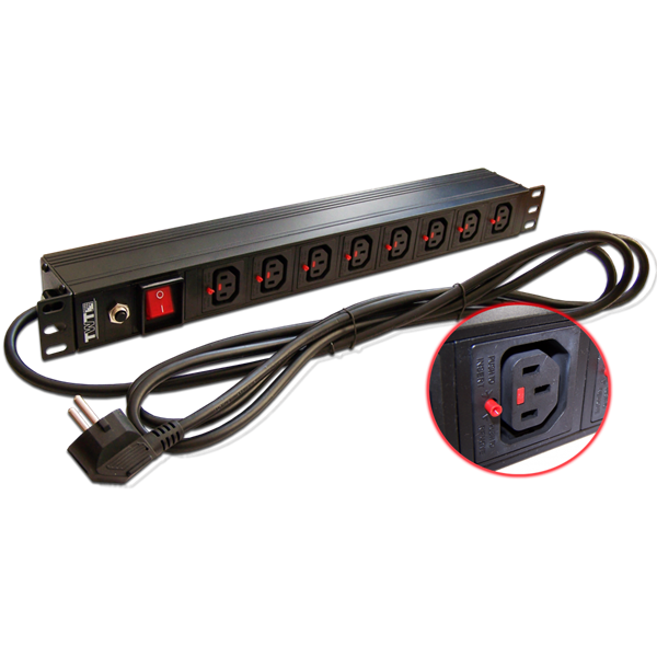 Блок розеток 19", 1-фазный с выключателем,10A / 250V, 8xC13 с фиксатором вилки, шнур 3.0 м, вилка Schuko