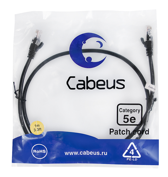 Cabeus PC-UTP-RJ45-Cat.5e-1m-BK Патч-корд U/UTP, категория 5е, 2xRJ45/8p8c, неэкранированный, черный, PVC, 1м