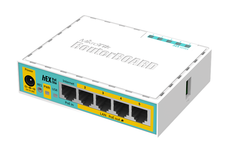 MikroTik hEX PoE lite with 650MHz CPU, 64MB RAM, 5xLAN (four with PoE out), USB, RouterOS L4, plastic case and PSU