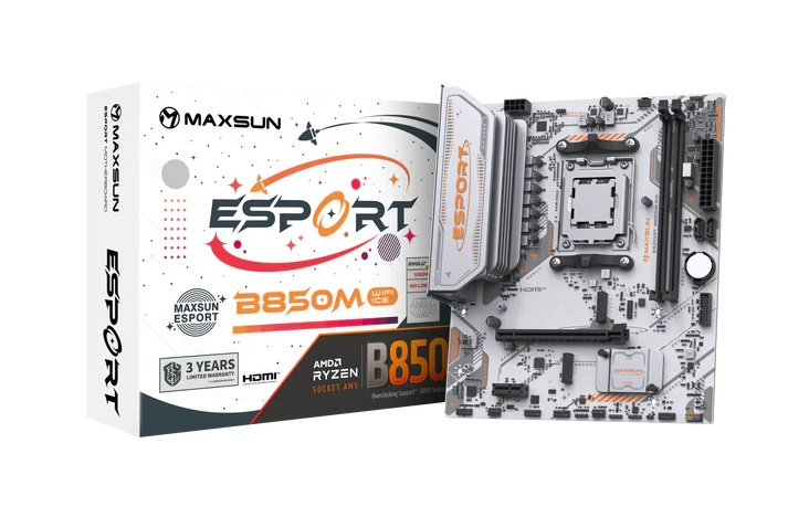 MAXSUN MS-eSport B850M WIFI ICE, AM5, B850, 2*DDR5, 2*SATA 3.0, 2*M.2, USB 3.2, USB 2.0, Type-C, 1*PCIE 16, 1*PCIE 1, HDMI+DP, mATX