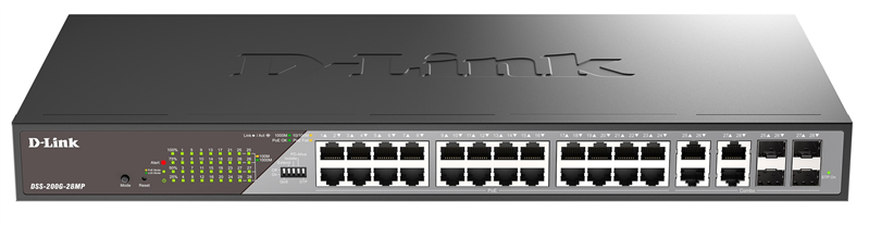 D-Link Настраиваемый L2 PoE-коммутатор, 24x1000Base-T PoE, 4xCombo 1000Base-T/SFP, PoE-бюджет 370 Вт, дальность PoE до 250 м