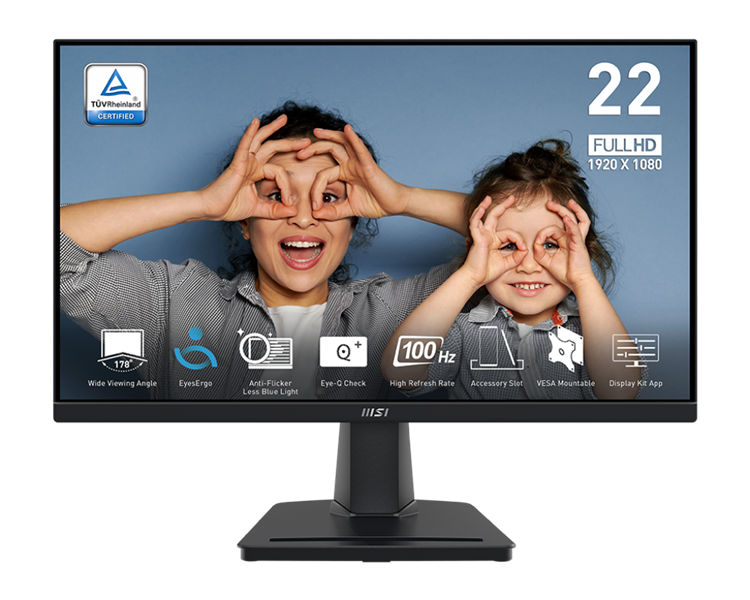MSI PRO MP225V 21,45" 16:9 FHD(1920x1080) VA Flat, 1ms(MPRT),4000:1,100M:1,300nit,178/178,HDMI 1.4b,Tilt,VESA,100Hz,Black,1y war-ty