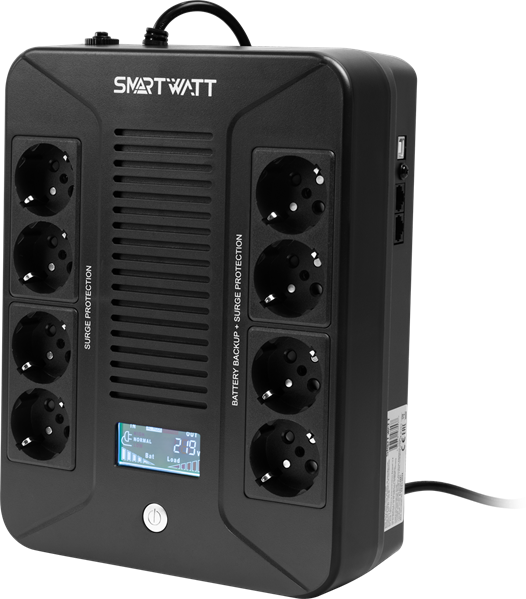 SMARTWATT ИБП линейно-интерактивный, мощность 600/360 ВА/Вт, напольный/настенный, LCD дисплей, Shuko CEE7/4 - 8 шт. (4 шт. с резервным питанием, 4 шт. - сетевой фильтр), встроенные АКБ