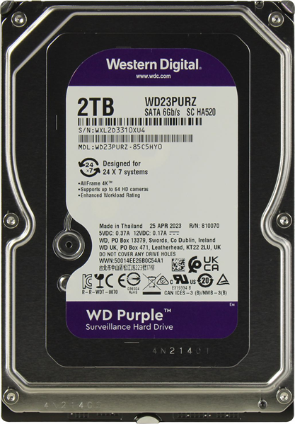 Western Digital Purple HDD 3.5" SATA 2TB, IntelliPower, 64MB buffer (DV&NVR), WD23PURZ, 1 year