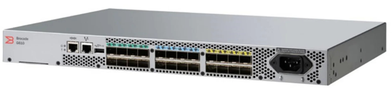 Brocade G610 FC, 24 ports/24 active, 24x32G SWL SFP+ trans, PowerSup, rails, EntBndl gratis, FOS notupgradable (DS-6610B,SN3600B,SNS2624,DB610S)