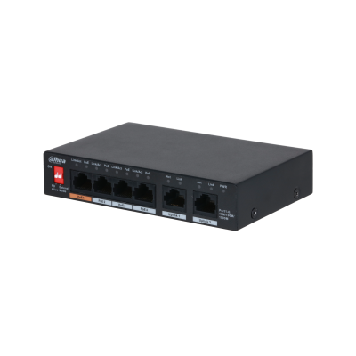 DAHUA 4-портовый неуправляемый коммутатор с РоЕ Порты: 4 RJ45 10/100/1000Мбит/с (PoE/PoE+/Hi-PoE), 2 RJ45 10/100/1000Мбит/с (uplink); мощность PoE: 1 до 60Вт, порты: 2~4 до 30Вт, суммарно до 60Вт; PoE
