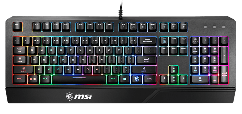 Gaming Keyboard MSI VIGOR GK20, Wired, membrane Keyboard with ergonomic keycaps and wrist rest.  12 Key Anti-ghosting Capability. Water Resistant (spill-proof), Static multi-colour backlighting, Black