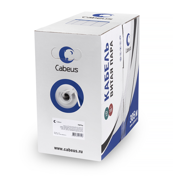 Cabeus UTP-4P-Cat.6-SOLID-LSZH-GY Кабель витая пара UTP (U/UTP), категория 6, 4 пары (23 AWG), одножильный, LSZH нг(А)-HF, серый (305 м)