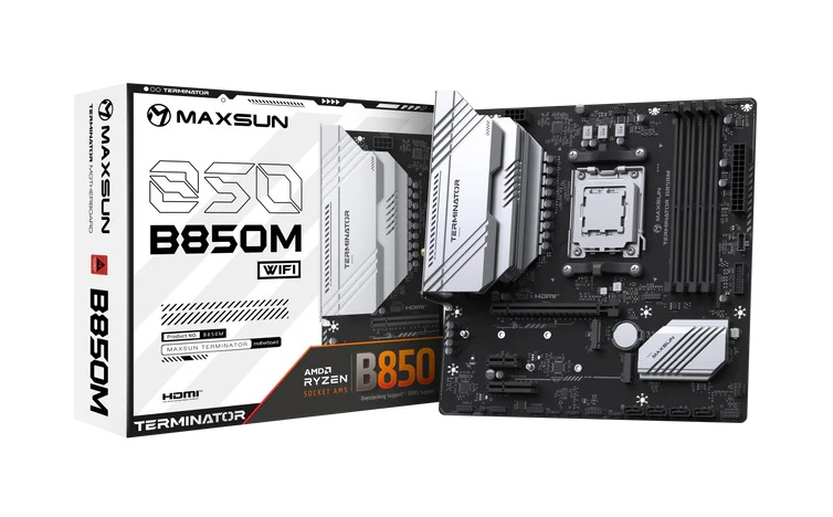 MAXSUN MS-Terminator B850M WIFI, AM5, B850, 4*DDR5, 4*SATA 3.0, 2*M.2, USB 3.2, USB 2.0, Type-C, 1*PCIE 16, 1*PCIE 4, 1*PCIE 1, HDMI+DP, mATX