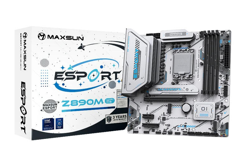 MAXSUN MS-eSport Z890M WIFI ICE, LGA1851, Z890, 4*DDR5, 4*SATA3, 3*M.2, USB 3.2, USB 2.0, Type-C, 1*PCIEx16, 1*PCIex4, 1*PCIex1, HDMI+DP, ATX