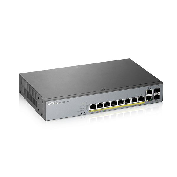Smart L2 коммутатор PoE+ для IP-видеокамер Zyxel NebulaFlex Pro GS1350-12HP, rack 19", 10xGE (8xPoE+), 2xSFP, бюджет PoE 130 Вт, питание до 250м, автоперезагрузка PoE-портов