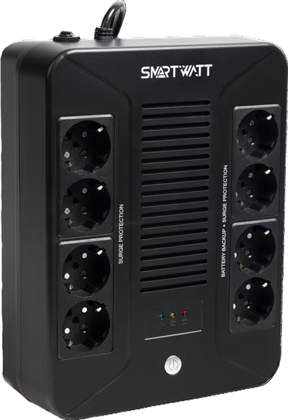 SMARTWATT ИБП линейно-интерактивный, мощность 600/360 ВА/Вт, напольный/настенный, LED индикация, Shuko CEE7/4 - 8 шт. (4 шт. с резервным питанием, 4 шт. - сетевой фильтр), встроенные АКБ