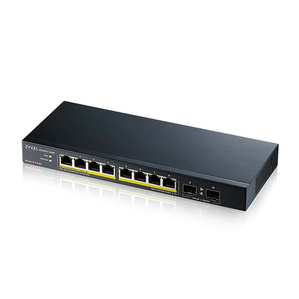 PoE+ Zyxel GS1100-10HP, 8xGE PoE+, 2xSFP, настольный, бесшумный, бюджет PoE 130 Вт, Kensigton lock