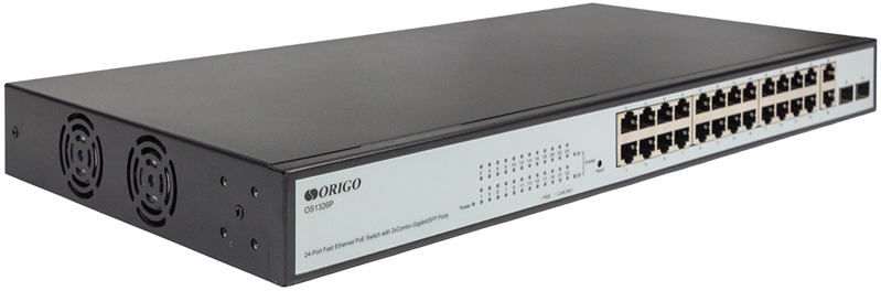 ORIGO Настраиваемый L2 PoE-коммутатор, 24x100Base-TX PoE, 2xCombo 1000Base-T/SFP, PoE-бюджет 280 Вт, комплект для установки в 19" стойку