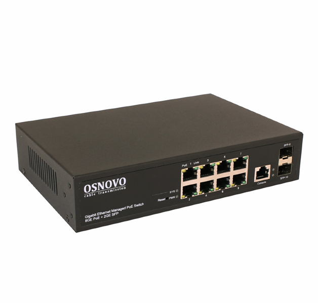 OSNOVO SW-80802/L(150W) Управляемый L2 PoE коммутатор Gigabit Ethernet на 8 RJ45 PoE + 2 x GE SFP порта. Порты: 1 x GE (10/100/1000Base-T) с PoE (до 60W, A+B) + 7 x GE (10/100/1000 Base-T) с PoE (до 3
