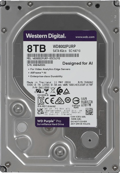 Western Digital Purple Pro HDD 3.5" SATA 8Тb, 7200 rpm, 256MB buffer (DV&NVR + AI), WD8002PURP, 1 year