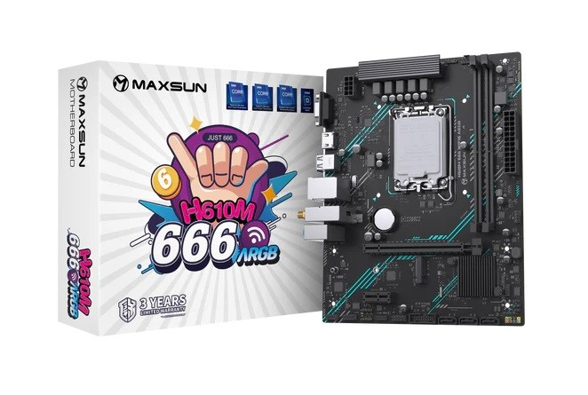 MAXSUN MS-H610M 666 WIFI6 ARGB, LGA1700, H610, 2*DDR4, 3*SATA3, M.2, USB 3.2, USB 2.0, 1*PCIEx16, 1*PCIEx1, VGA+HDMI, mATX