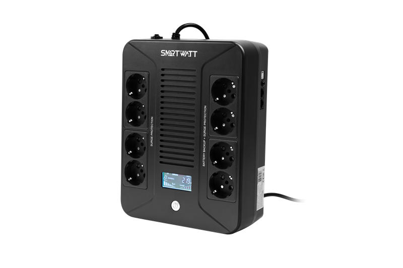 SMARTWATT линейно-интерактивный, 1000/600 ВА/Вт, напольный/настенный, LCD дисплей, Shuko CEE7/4 - 8 шт. (4 шт. с резервным питанием, 4 шт. - сетевой фильтр)