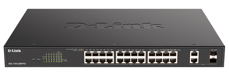 D-Link Настраиваемый L2 PoE-коммутатор, 24х1000Base-T PoE  (4 порта 802.3bt 90 Вт), 2xCombo 1000Base-T/SFP, PoE-бюджет 525 Вт