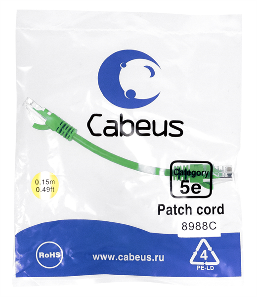 Cabeus PC-UTP-RJ45-Cat.5e-0.15m-GN Патч-корд U/UTP, категория 5е, 2xRJ45/8p8c, неэкранированный, зеленый, PVC, 0.15м