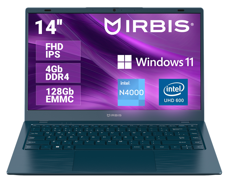 IRBIS  BreezeBook 14 14NBC0003 14“ CPU: N4000, 14"LCD 1920*1080 IPS , 4GB+128GB EMMC, AC wifi, Front camera: 0.3MP, 7.6V 4000mha battery, ABCD plastic, WIN Pro