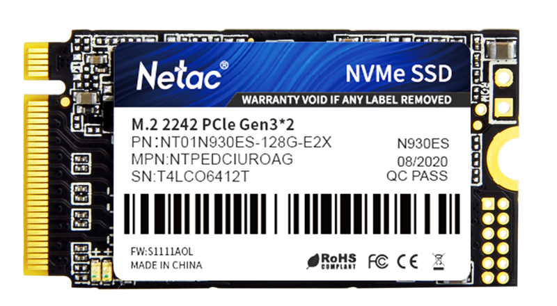 Netac SSD N930ES 128GB PCIe 3 x2 M.2 2242 NVMe 3D NAND, R/W up to 970/635MB/s, IOPS(R4K) 100K/130K, TBW 75TB, 3y wty