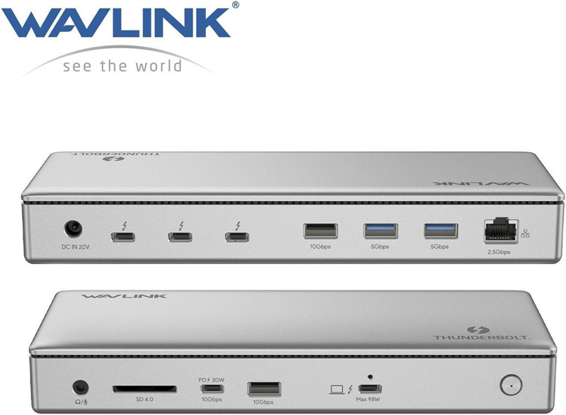 Docking Station WAVLINK Thunderbolt 4 Dual Display/98W Power Delivery Include 20V/11.5A Power Adapter/4xUSB3.0/3xThunderbolt 4/2xDP 4K 60HZ/2xHDMI 4K 60HZ/1xGigabit LAN/1xCombo Audio Jack/1xCardReader