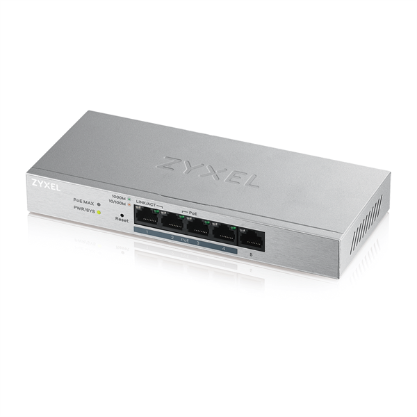 Smart L2 коммутатор PoE+ Zyxel GS1200-5HP v2, 5xGE (4xPoE+), настольный, бесшумный, с поддержкой VLAN, IGMP, QoS и Link Aggregation, бюджет PoE 60 Вт