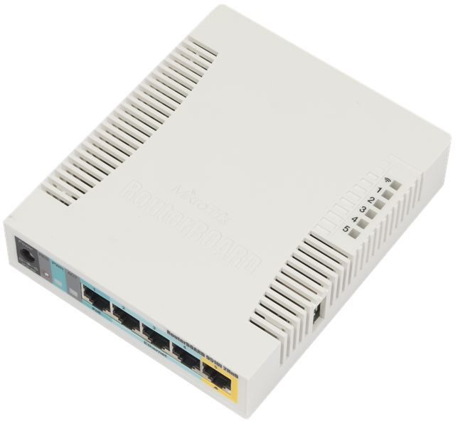 MikroTik RouterBOARD 951Ui-2HnD with 600Mhz CPU, 128MB RAM, 5xLAN, built-in 2.4Ghz 802b/g/n 2x2 two chain wireless with integrated antennas, desktop case, PSU, RouterOS L4