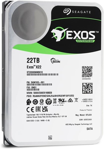 Seagate Exos X22 HDD SATA 22Tb, 7200 rpm, 512Mb buffer, 512e/4Kn, CMR, ST22000NM001E, 1 year