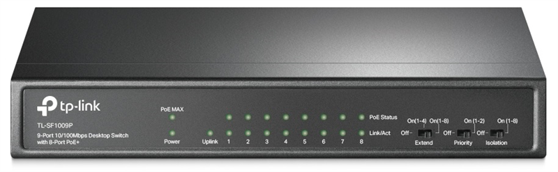 TP-Link TL-SF1009P, 9-Port 10/100 Mbps Desktop Switch with 8-Port PoE+, 65 W, 250m