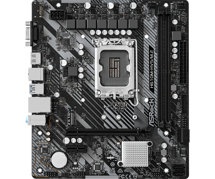 ASROCK H610M-HVS/M.2 R2.0, LGA1700, H610, 2*DDR4, 4*SATA, 1*M.2, 2*USB 3.2, 4*USB 2.0, 1*PCIx16, 1*PCIx1, D-Sub+HDMI, mATX