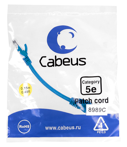 Cabeus PC-UTP-RJ45-Cat.5e-0.15m-BL Патч-корд U/UTP, категория 5е, 2xRJ45/8p8c, неэкранированный, синий, PVC, 0.15м