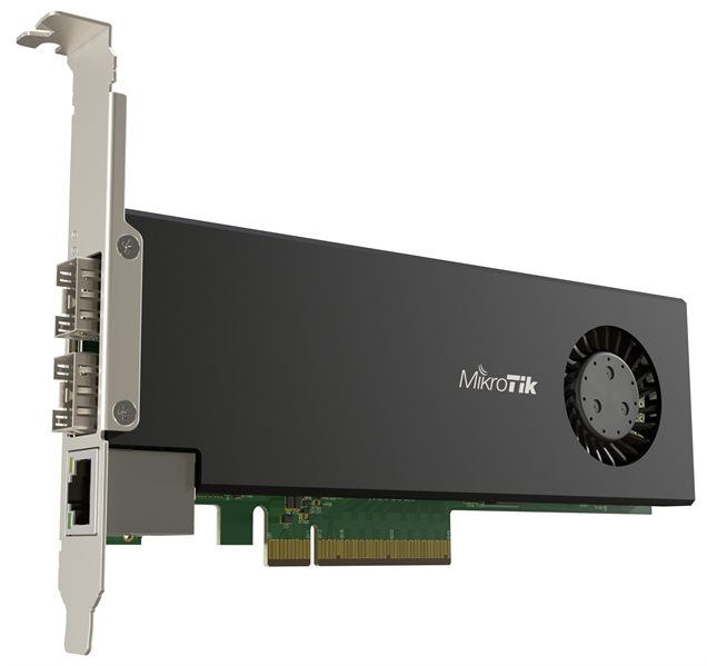 MikroTik Cloud Core Router 2004-1G-2XS-PCIe network interface card with quad-core ARMv8 64-bit AL32400 CPU, 4GB RAM, 2x25G SFP28 cages, 1xGbit LAN, RouterOS L6