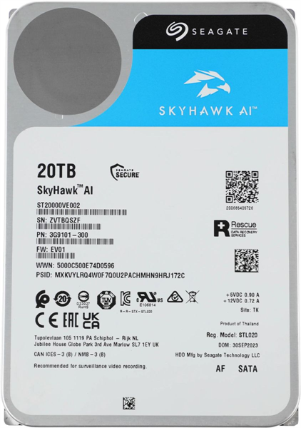 Seagate SkyHawk AI HDD 3.5" SATA 20Tb, 7200 rpm, 256Mb buffer, 512e, ST20000VE002, 1 year
