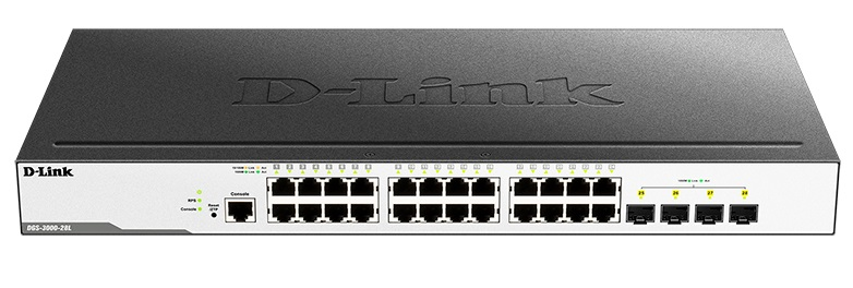 D-Link Управляемый L2 коммутатор, 24x1000Base-T, 4x1000Base-X SFP, защита от статического электричества до 6 кВ, CLI, консольный порт RJ-45, RPS, поддержка Dying Gasp