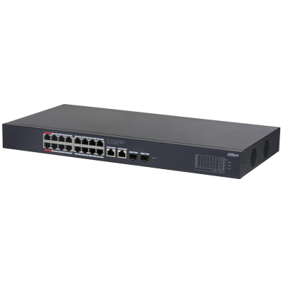 DAHUA 16-портовый гигабитный PoE коммутатор с функцией облачного управления Порты: 16 RJ45 10/100/1000Мбит/с (PoE/PoE+/Hi-PoE),  2 RJ45 10/100/1000Мбит/с (uplink), 2 SFP 1000Мбит/с (uplink); мощность