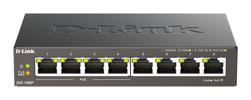 D-Link Неуправляемый PoE-коммутатор, 8x1000Base-T (4x1000Base-T PoE), PoE-бюджет 80 Вт, корпус металл