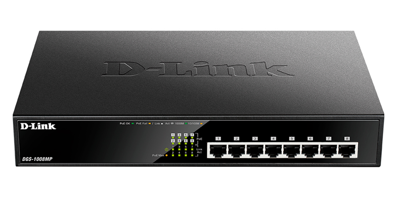 D-Link Неуправляемый PoE-коммутатор, 8x1000Base-T PoE, PoE-бюджет 125 Вт, корпус металл