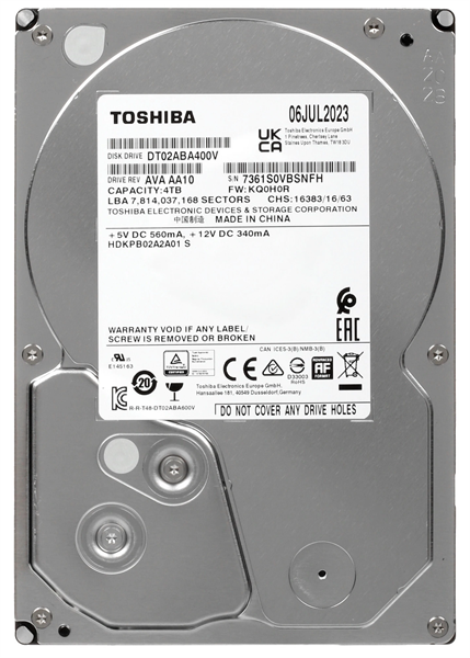 Toshiba Surveillance HDD 3.5" SATA 4Tb, 5400rpm, 128MB buffer, 512e, SMR, DT02ABA400V, 1 year